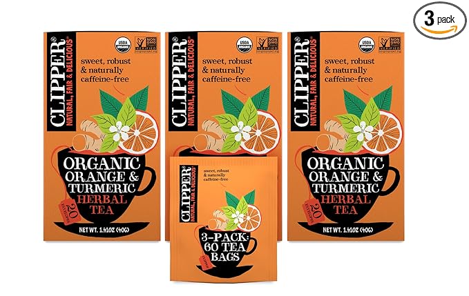 Clipper Tea Orange &amp Turmeric Organic Tea with Licorice Root Orange Peel and Hibiscus Plant Based Herbal Tea Caffeine Free British Tea 3 Pack 60 Unbleached Tea Bags