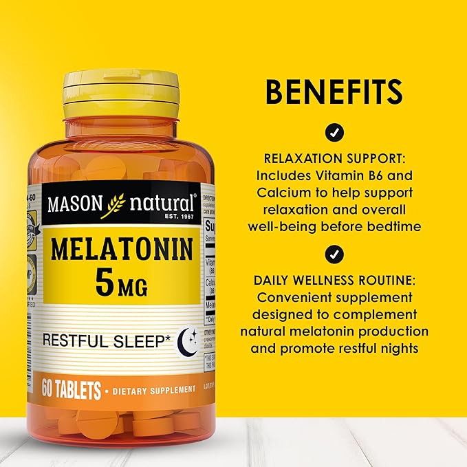 MASON NATURAL Melatonin 5 mg with B6 and Calcium - Natural Sleep Aid Supports Healthy Sleep &amp Rest 60 Tablets (Pack of 3)