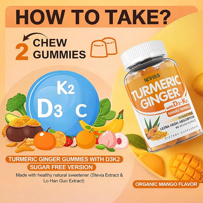 Sugar Free Turmeric Ginger Gummies 1500mg with Vitamin D3 5000IU &amp K2 for Women &amp Men Curcumin Ginger Gummies for Adults for Immune &amp Digestive Support - Vegan Mango Flavor 60 Count