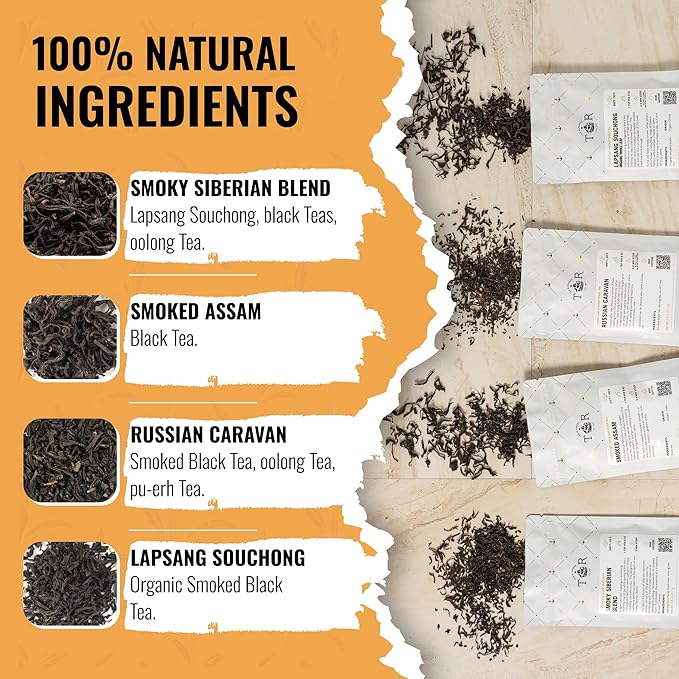 Tea Runners Smoked Tea Variety Pack - Lapsang Souchong Russian Caravan Smoked Assam Smoky Siberian Blend | Loose Leaf Black Teas | High Caffeine Organic &amp Premium Quality | 0.75 Oz each Pack o