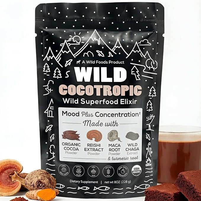 Wild Foods Organic Cocotropic Superfood Mushroom Hot Chocolate Mix 8 oz | Non-GMO Vegan Gluten Free Reishi Mushrooms Chaga