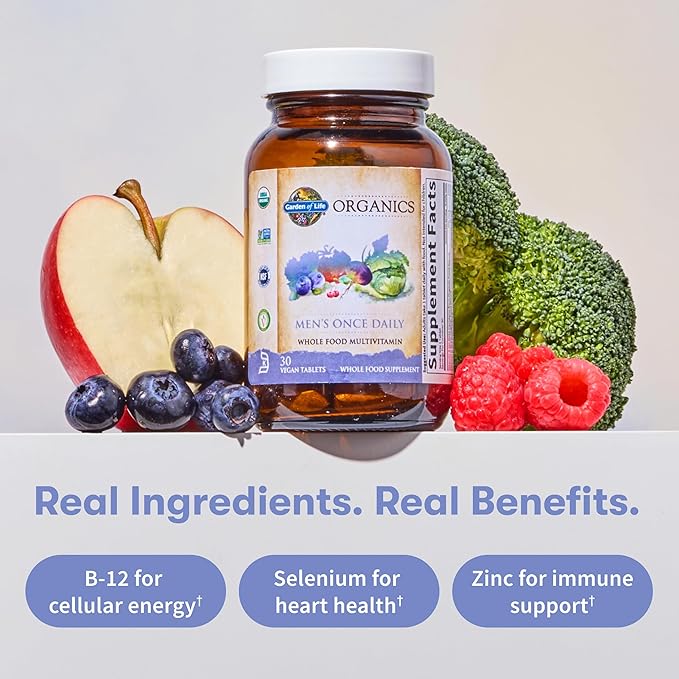 Garden of Life Once Daily Whole Food Multivitamin for Men Organic Mens Vitamins &amp Minerals Vitamin C Zinc Vegan for Health &amp Well-Being 60 Tablets (Pack of 6)