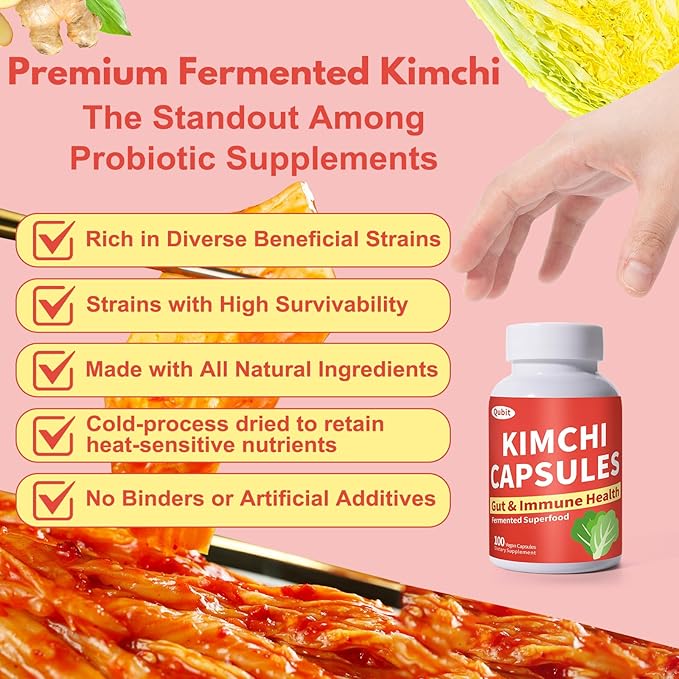 QUBIT Kimchi Capsules Kimchi Supplement Probiotics &amp Enzymes Supports Gut &amp Digestive Health Taste Well One Fermented Superfood for Antioxidant Support 90 Vegan Capsules Pills