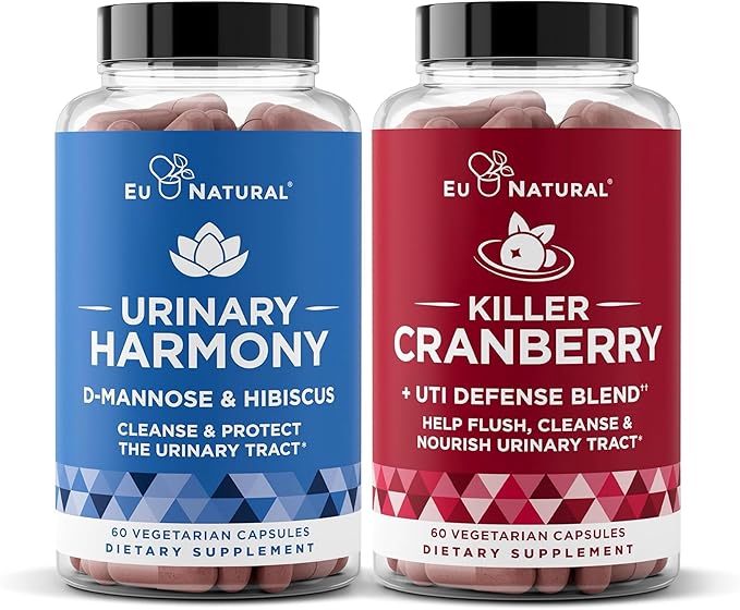 Urinary Tract Supplement Duo Urinary Harmony + Killer Cranberry UT Defense blends D-mannose &amp Hibiscus + Cranberry Pine Bark Propolis &amp Vitamin D Clinical Strength Ingredients 2 X 60 ct