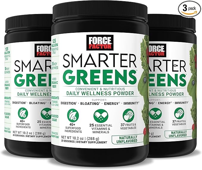 Force Factor Smarter Greens Daily Wellness Powder 3-Pack to Support Energy Immunity &amp Digestion Greens Powder Superfood Powder with Vitamins Minerals &amp Probiotics Unflavored 90 Servings