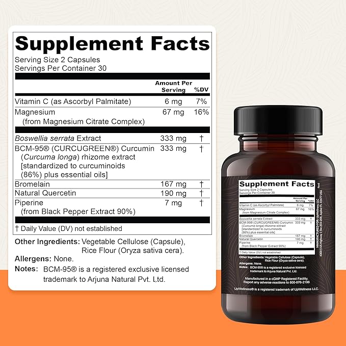 UpWellness Golden Revive + Joint Support Supplement Featuring Turmeric with Black Pepper Quercetin and Magnesium- Turmeric Boswellia Supplement - 6 Active Ingredients - 60 Capsules 5 Pack