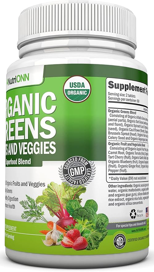 Organic Super Greens Capsules - Fruit And Vegetable Supplements - 120 Count - 28 USDA Organic &amp Vegan Premium Ingredients - Superfood Blend For Immune Health Digestion &amp Energy - Whole Food V