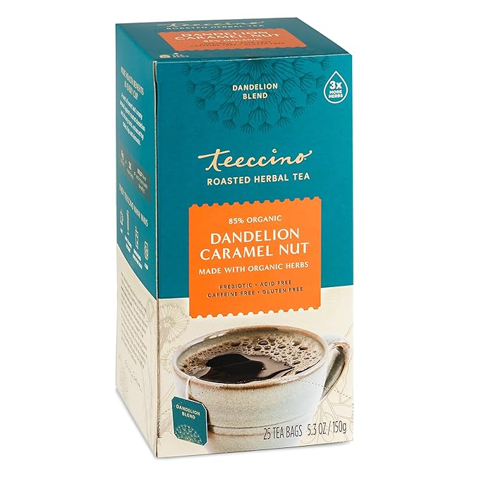 Teeccino Dandelion Root Tea Sampler - Caramel Nut Mocha Mint Coconut - Caffeine-Free Roasted Herbal Tea with Prebiotics Gluten Free - 25 Tea Bags (Pack of 3)