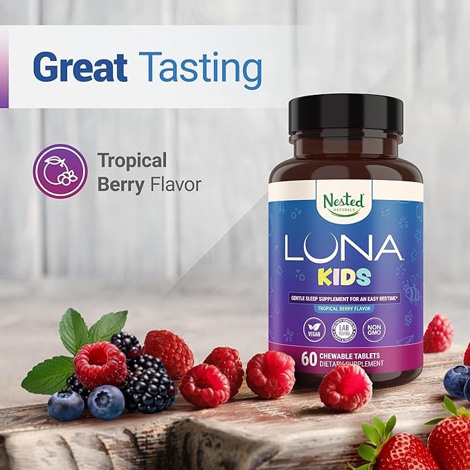 Nested Naturals Luna Kids Sugar-Free Sleep Aid Tablets for Children 4+ - Naturally Sourced Ingredients - Herbal Sleep Supplement with Chamomile Melatonin Valerian &amp Lemon Balm - 120 Chewable Tab