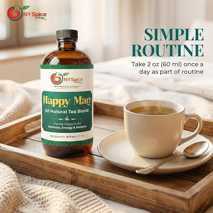 NY Spice Shop Happy Man Herbal Tea Blend - All-Natural Beverage For Everyday Use - Plant-Based Infusion Crafted With Natural Ingredients - Liquid Tea Concentrate - 16 Ounce Bottle (3 Count)