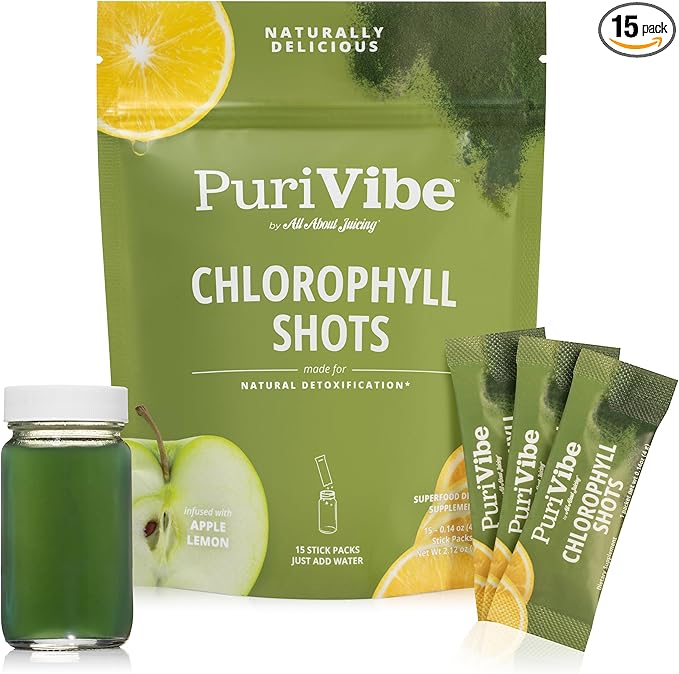 All About Juicing Chlorophyll Green Juice Shots - Clean Energy Detox Alkalize - 15 Stick Packs - 120 mg Superfood Juice Powder - PuriVibe
