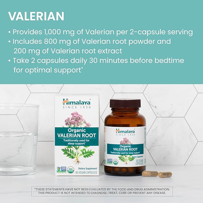 Himalaya Organic Valerian Root Herbal Sleep Support for Calm Relaxation USDA Organic Non-GMO Vegan Gluten Free 1000 mg 60 Capsules