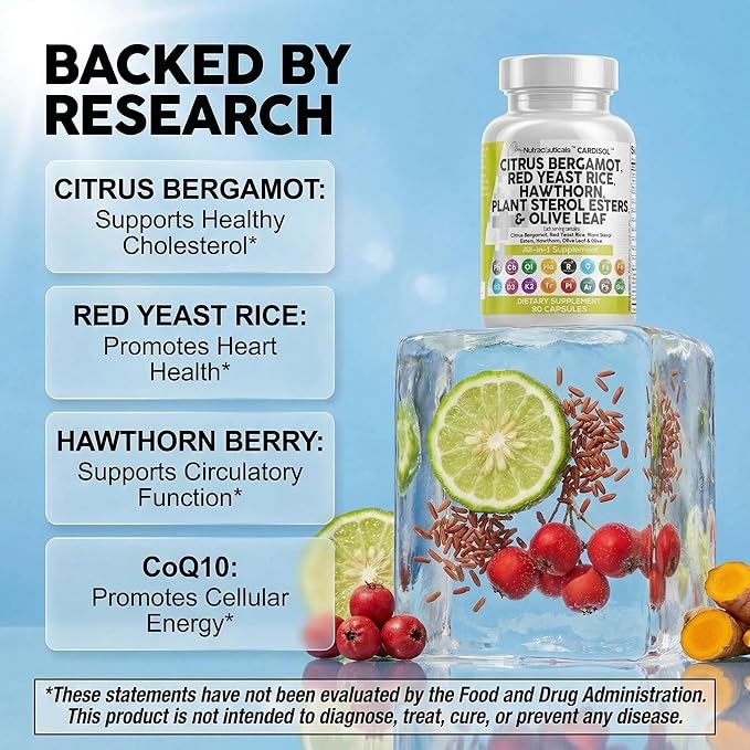 Clean Nutraceuticals Citrus Bergamot Red Yeast Rice Capsules with Plant Sterols - with Hawthorn Extract Olive Leaf Niacin Vitamin K3 D3 COQ10 Guggul &amp More