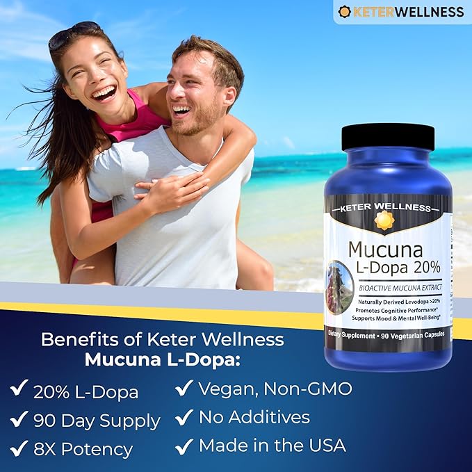 Mucuna Pruriens 20% L-Dopa – Standardized Velvet Bean Extract for Natural Dopamine Focus &amp Mood Support – Pure 8:1 Concentrated Herbal Supplement – Vegan Non-GMO 90 Capsules