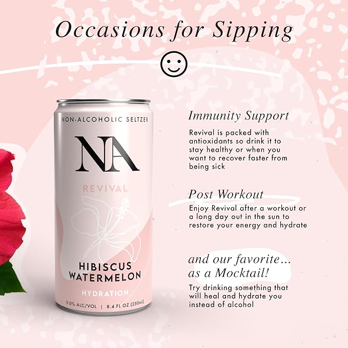 NA Functional Non-Alcoholic Drinks with Mushrooms &amp L-Theanine | Sea Salt for Hydration | Low Sugar Low Calorie Adaptogen Social Tonic Hibiscus Tea and Watermelon Mocktail 8.4oz Cans (12 Pack)
