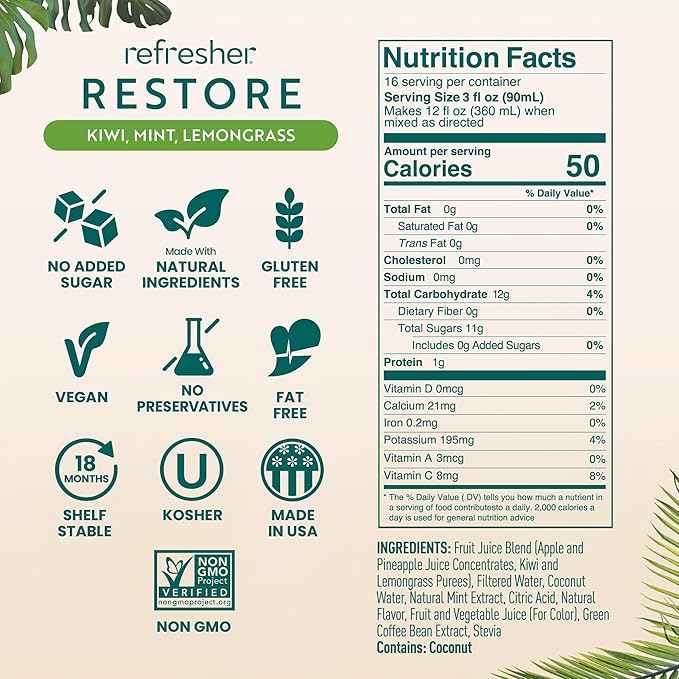 Smartfruit Restore Refresher – Kiwi Lemongrass Mint – Made with Real Fruit Juice No Added Sugar Coconut Water for Hydration Green Coffee Bean Extract for Natural Energy – 48oz Drink Mix