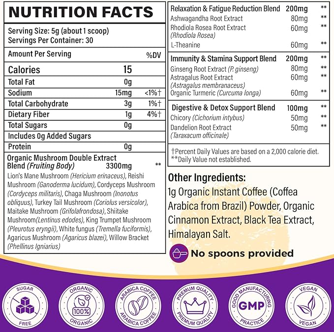 Mushroom Coffee Organic 11 Mushrooms + 8 Adaptogenic Herb Mushroom Coffee for Focus Energy Digestion &amp Immune Support| Cordyceps Lion’s Mane Reishi Chaga &amp Ashwagandha| Gluten Free 30 S