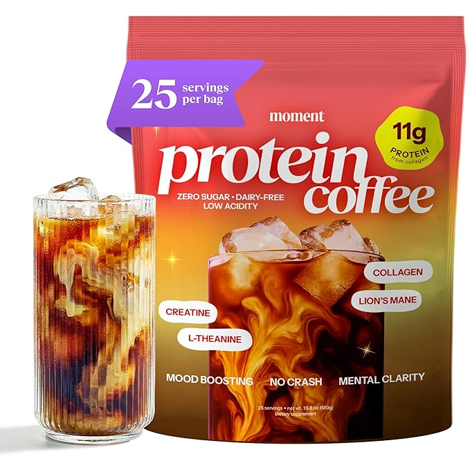 Moment Protein Coffee Powder with Mushrooms &amp Creatine – Zero Sugar Low Acidity Instant Protein Coffee Powder with Lion’s Mane Reishi &amp L-Theanine for Energy Focus &amp Mental Clarity-25 S