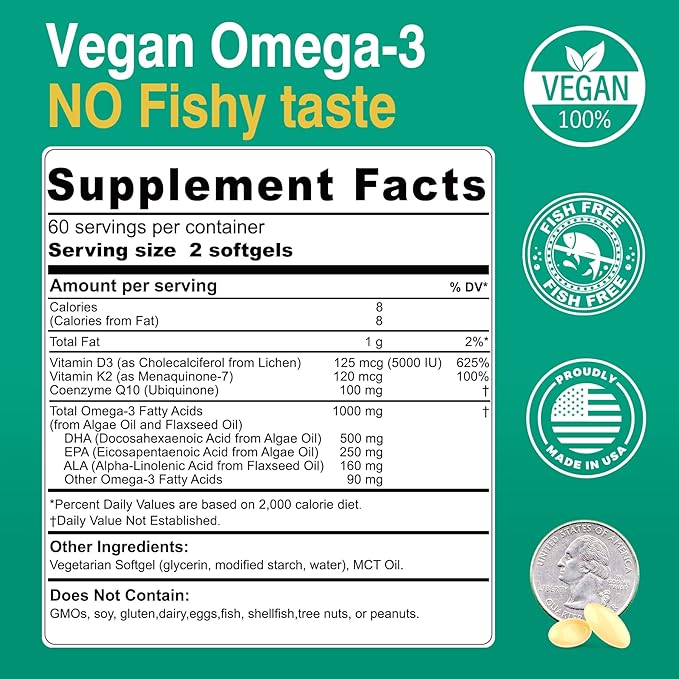Hydrolyzed Collagen Peptides Pills + Vegan Omega 3 Supplement with Vitamin D3 K2