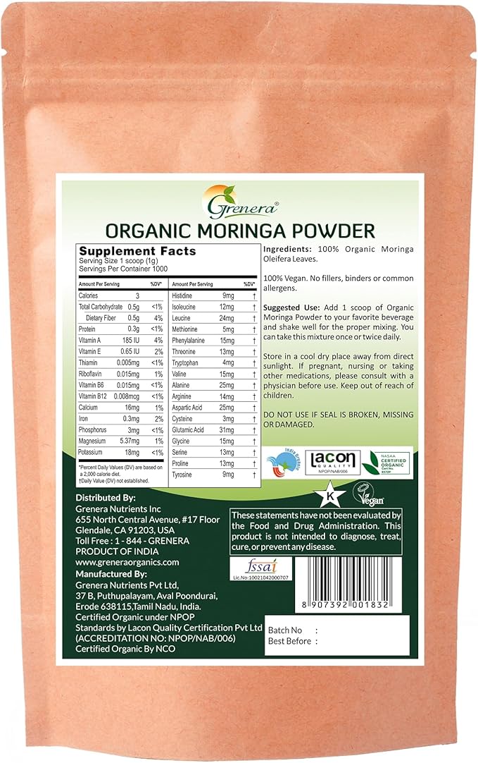Grenera Organic Moringa Powder - 2.2 lbs (35.2 oz) | Moringa Oleifera Leaf Powder Lab Tested for Purity | Moringa Powder Organic Perfect for Smoothies Drinks Tea &amp Recipes | 100% Raw from India