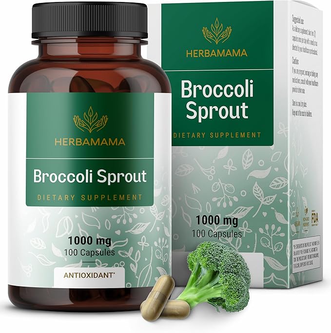 HERBAMAMA Broccoli Sprouts Capsules - 1000mg Broccoli Sprout Extract for Antioxidant &amp Immune Support - Vegan Non-GMO Sulforaphane Supplements 100 Caps