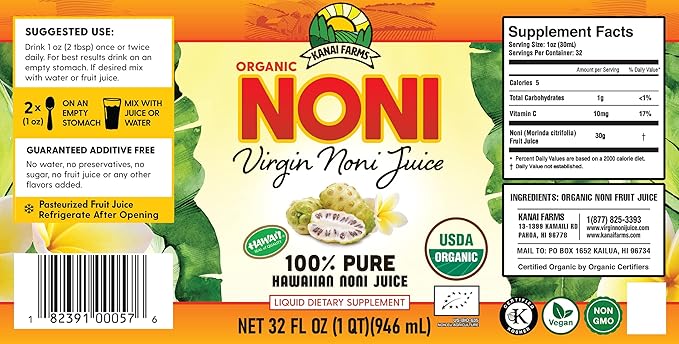 Virgin Noni Juice - 100% Pure Organic Hawaiian Noni Juice - 32oz Glass Bottle