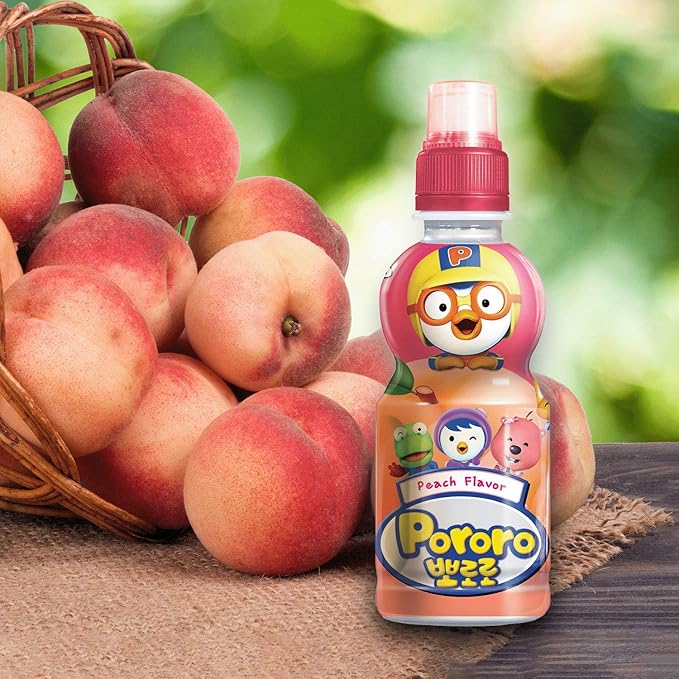 Paldo Fun &amp Yum Pororo Kids Peach Flavor Drink Pack of 8 Fruit Juice Drinks with Comfortable Push-Pull Sports Cap Perfect Drink for Children 7.95 fl oz. x 8