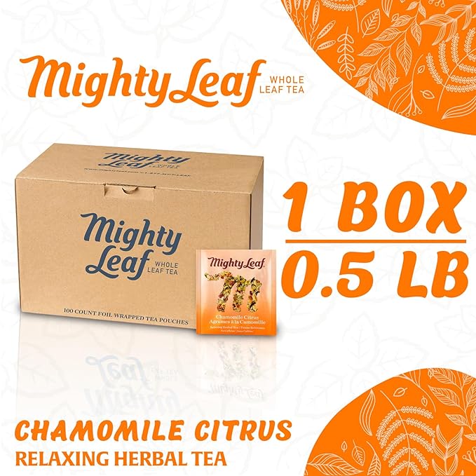 Mighty Leaf Chamomile Citrus Herbal Tea – 100 Count Tea Pouches – Caffeine-Free Blend with Chamomile Orange Peel &amp Lemongrass – Calming Herbal Tea for Relaxation &amp Sleep Support