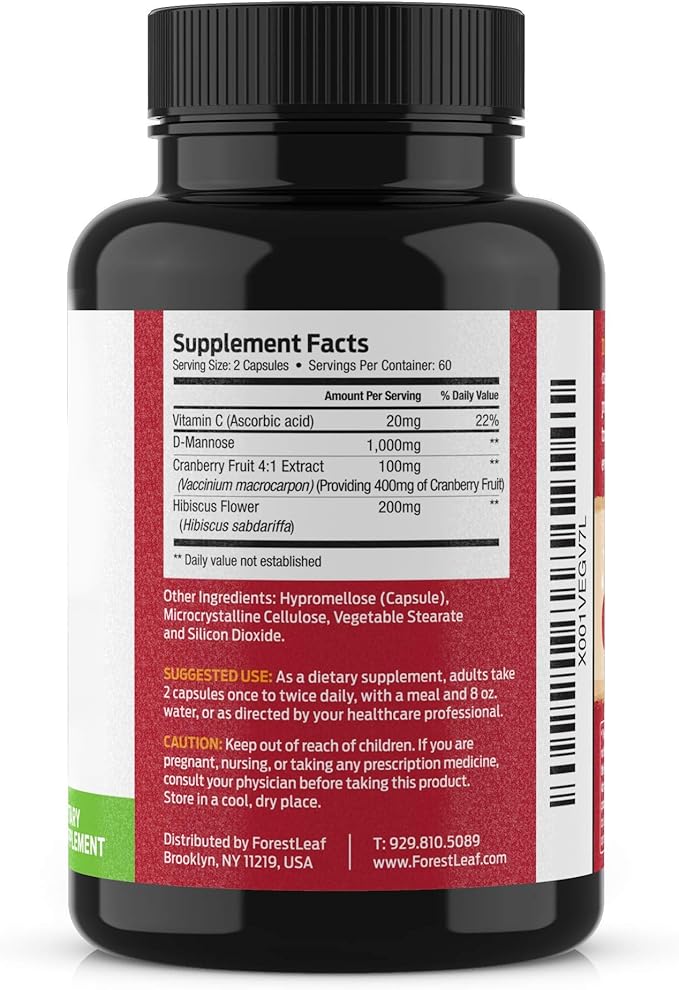 ForestLeaf D Mannose Supplements for Women &amp Men - D-Mannose 1000mg Capsules with Cranberry Hibiscus &amp VIT C - DMannose Pills for UTI Urinary Tract &amp Bladder Support - 120 Caps