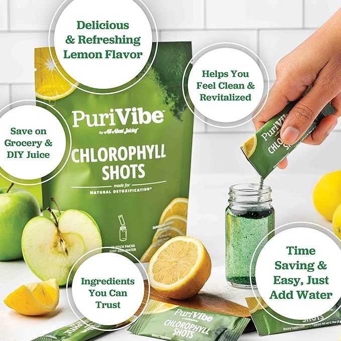 All About Juicing Chlorophyll Green Juice Shots - Clean Energy Detox Alkalize - 15 Stick Packs - 120 mg Superfood Juice Powder - PuriVibe