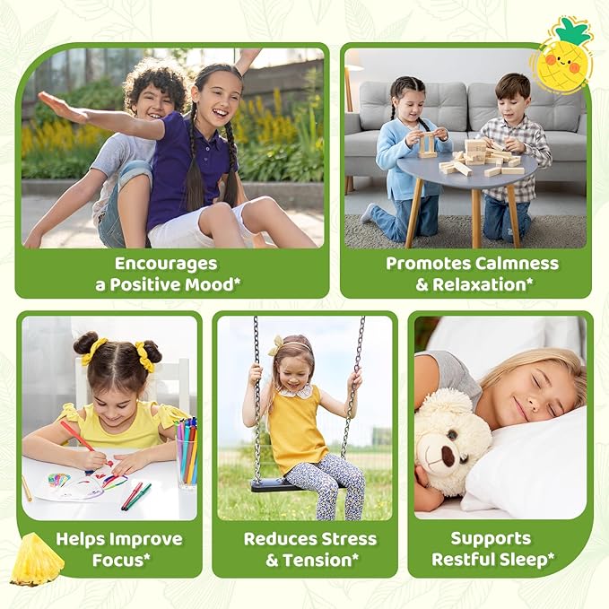 Liposomal GABA L-Theanine Drops for Kids - Liquid GABA Supplement with Magnesium Chamomile Lemon Balm &amp Vitamin B6 - Support Relaxation Focus &amp Stress Relief for Kids &amp Adults - Pineapp