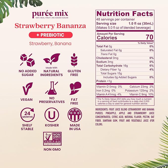 Smartfruit Strawberry Bananza + Oat Fiber – 100% Real Fruit Purée with Strawberries &amp Banana – Great for Smoothies Juice Yogurt Cocktails Teas &amp More – High in Vitamin C – 2-Pk 48oz Each