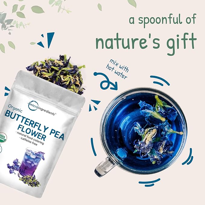 Micro Ingredients Organic Butterfly Pea Flower Tea 8 oz (680+ Cups) | Loose Leaf Herbal Tea | Natural Blue &amp Purple Color | Rich in Antioxidants | Caffeine-Free Non-GMO No Sugar