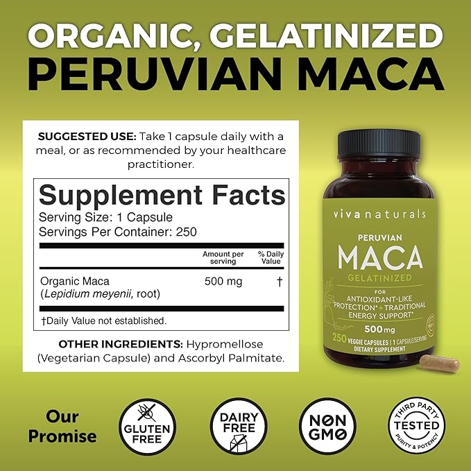 Viva Naturals Peruvian Maca Root Supplement for Women &amp Men 500mg - Traditionally Used for Energy Stamina &amp Endurance - 250 Yellow Maca Root Powder Capsules Gelatinized for Easier Digestion