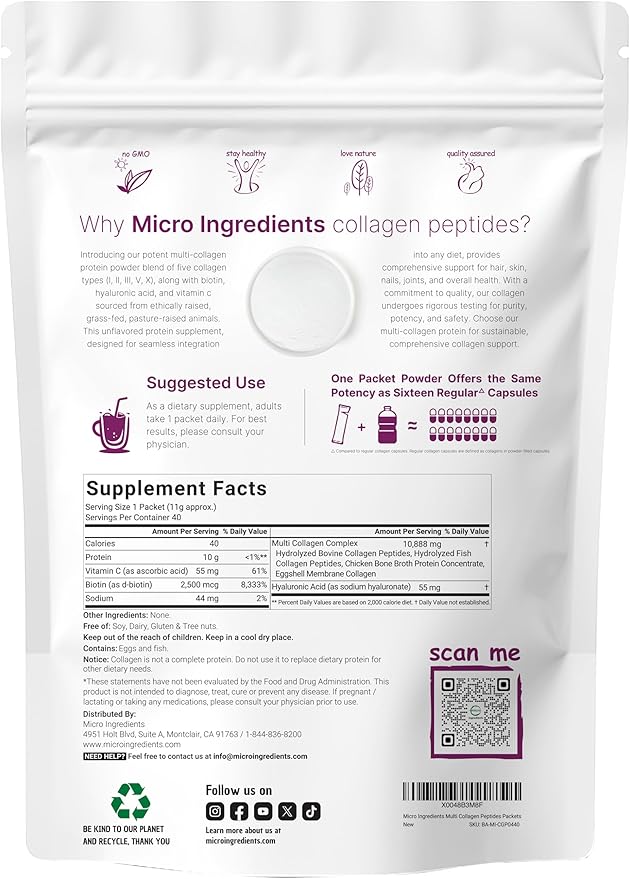 Micro Ingredients Multi Collagen Peptides Powder 40 Stick Packs | Type I II III V X + Biotin Vitamin C &amp Hyaluronic Acid | Unflavored | Supports Hair Skin &amp Joint Health | Keto Non-GMO