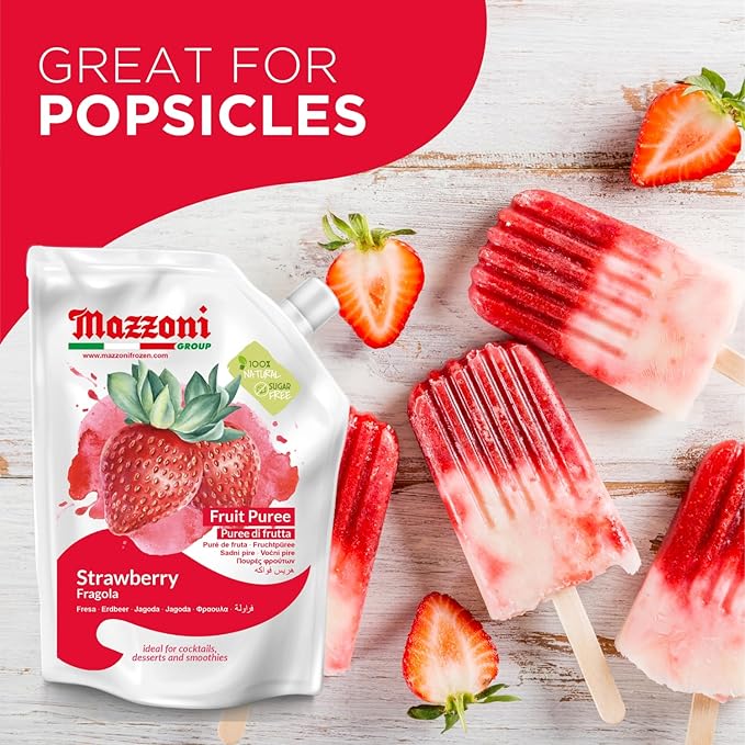 Mazzoni - Strawberry Puree 100% Pure Strawberries Just Fruit No Sugar Added Real Fruit Mixer for Cocktails Drinks Smoothies - 35.2 Fl Oz (2.2 lb) Convenient Pouch Made in Italy