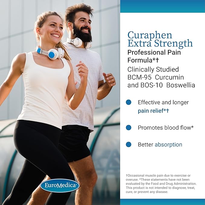 EuroMedica Curaphen Extra Strength - Curcumin &amp Boswellia Supplement for Healthy Circulation Support - Turmeric Supplement to Support Joints Muscle Health &amp Endorphin Production - 120 Tablets