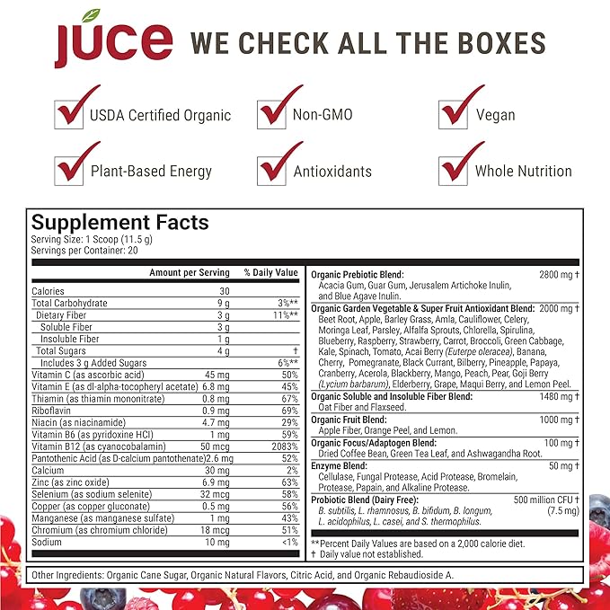 Terra Kai Organics JUCE Reds Organic Superfood Powder - Garden Berry Flavor | Fruit &amp Veggie Powder for Everyone w/64 Immune Boosting Superfood Plus Probiotics for Gut Health | 20 Servings (230g)