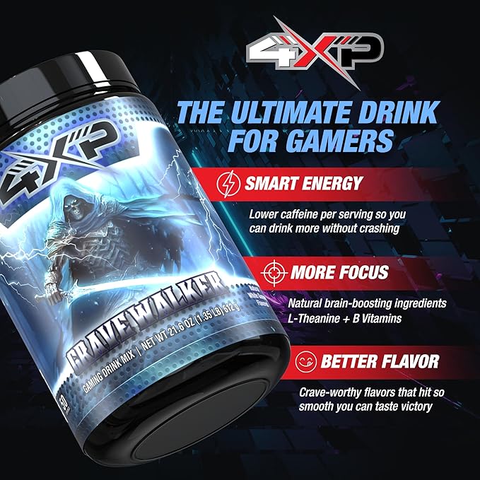 4XP Gravewalker White Gummy Gaming Energy Drink Mix| Low-Caffeine Nootropic Powder with B Vitamins &amp White Gummy Flavor for Gamers | 50-Serving Container