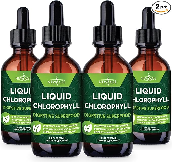 NEW AGE Chlorophyll Liquid Drops - Natural Concentrate – Energy Booster Digestion and Immune System Supports Internal Deodorant Liver Function - (2 Fl Oz (Pack of 4))
