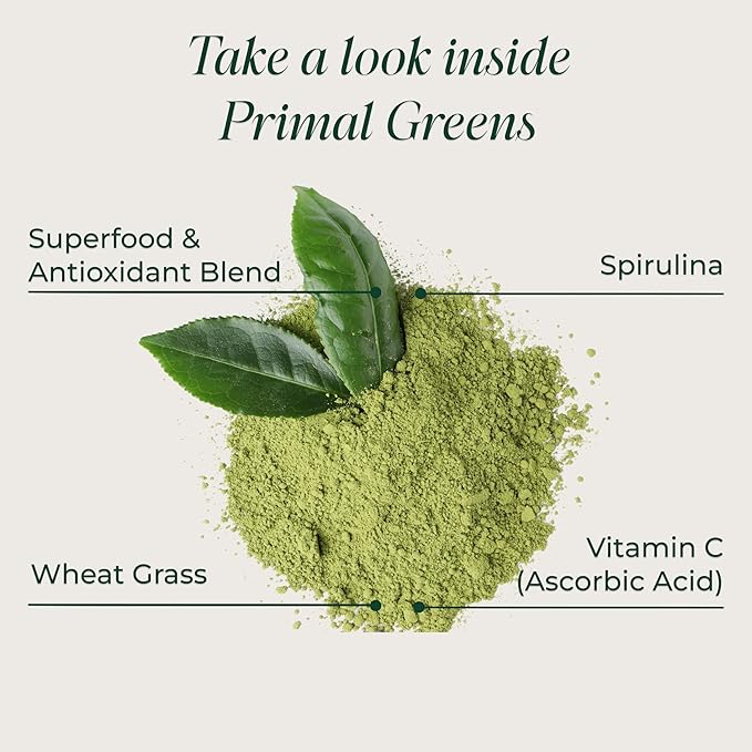 Primal Harvest Super Greens Powder 30 Servings w/+50 Greens Superfood Chlorella Probiotics Green Tea Wheatgrass Kale Turmeric for EnergyPrimal Greens
