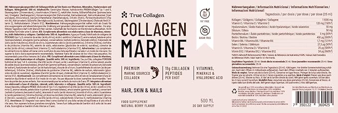 True Collagen Marine | 11000 mg Hydrolyzed Collagen Liquid Supplement - 500 ml 20 Day Supply | Hyaluronic Acid Biotin and Vitamin C for Healthy Hair Skin and Nails | Sugar-Free &amp Fat-Free
