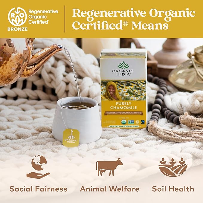 Organic India Purely Chamomile Tea - Regenerative Organic Pure Chamomile Flowers Caffeine Free Calming &amp Relaxing Herbal Tea Natural Support for Sleep &amp Relaxation - 18 Tea Bags Pack of 6