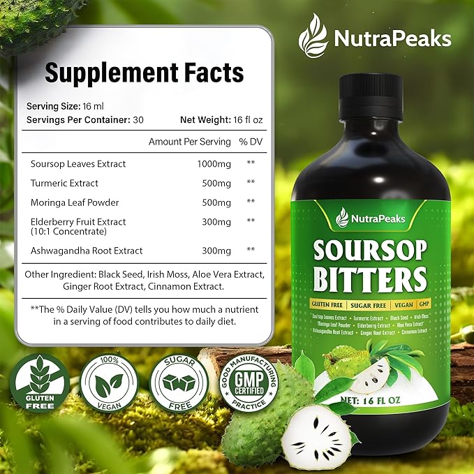 Soursop Bitters Liquid – Herbal Detox Formula with Soursop Turmeric Moringa &amp Black Seed by NutraPeaks – Supports Immune Health &amp Digestive Balance – 16 fl oz