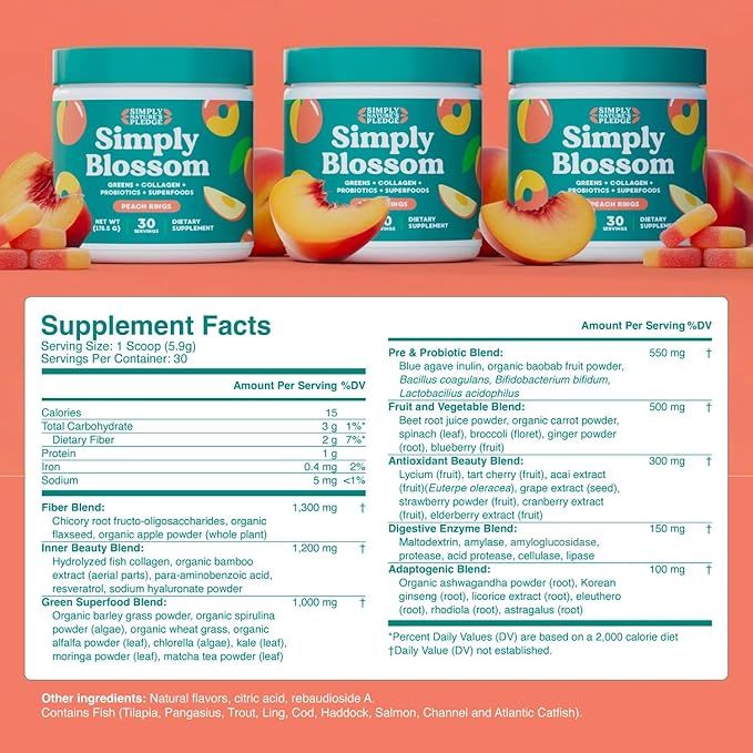 Simply Blossom Nutrition Daily Greens &amp Superfood Powder + Collagen + Probiotics for Women's Digestive Health &amp Bloating Relief. Help Your Health Bloom - 3 Month Supply- Peach Rings