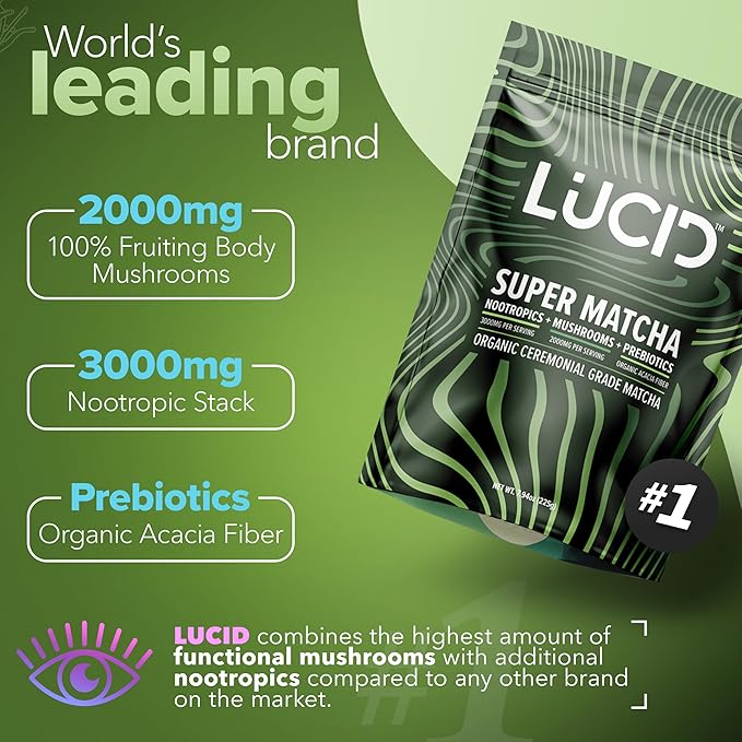 Lucid Superfood Organic Mushroom Matcha with Nootropics - Lion's Mane Tremella Cordyceps &amp Turkey Tail - Instant Mushroom Matcha Focus Brain Health - Alpha GPC L-Theanine Ginko Biloba - USA Ma