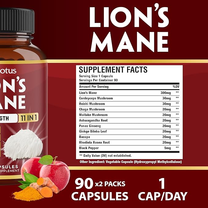 Zolotus 2 Packs 90 Capsules Lions Mane Mushroom Supplement 6 Month Supply with Cordeyceps Reishi Ashwagandha Focus Memory and Brain Support Supplement Immune Support Energy Pills