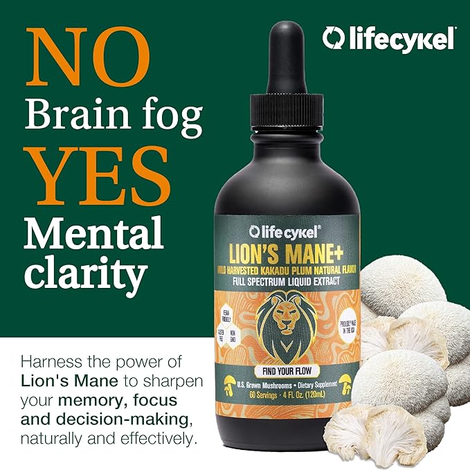 Lifecykel Lion's Mane Mushroom Extract w/Kakadu Plum- Memory Focus Clarity REM Sleep-100% Organic Mushrooms Brain Booster Nootropic Brain Supplement Focus Supplement Made in US 2 Fl oz (30 Servings)