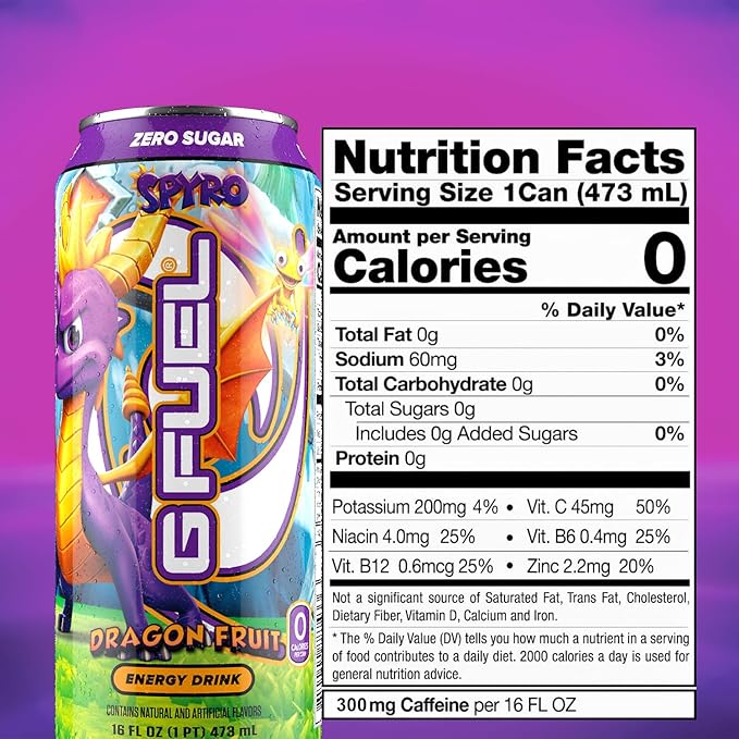 G Fuel Energy Drink Dragon Fruit Sugar Free Beverage with 140mg Caffeine Daily Energy Boost with Focus Amino Vitamin + Antioxidants 16 oz Cans (Spyro the Dragon 12-Pack)