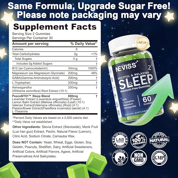 NEVISS Melatonin Free Sleep Aid Gummies for Adults - Magnesium Glycinate Gummies | GABA L-Tryptophan Magnesium Ashwagandha - Non-Habit Forming Help for Deep Relaxation - Vegan Lemon Flavor 1Pack